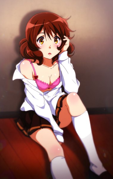 Anime picture 761x1200 with hibike! euphonium kyoto animation oumae kumiko sbel02 single tall image blush short hair open mouth light erotic brown hair brown eyes open shirt girl skirt miniskirt shirt socks lingerie bra