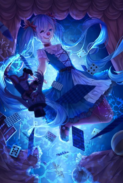 Anime picture 800x1187 with vocaloid karakuri pierrot (vocaloid) hatsune miku yuzi single tall image looking at viewer fringe blue eyes blue hair bent knee (knees) very long hair tears outstretched arm lacing glow upside down covering eye (eyes) girl dress