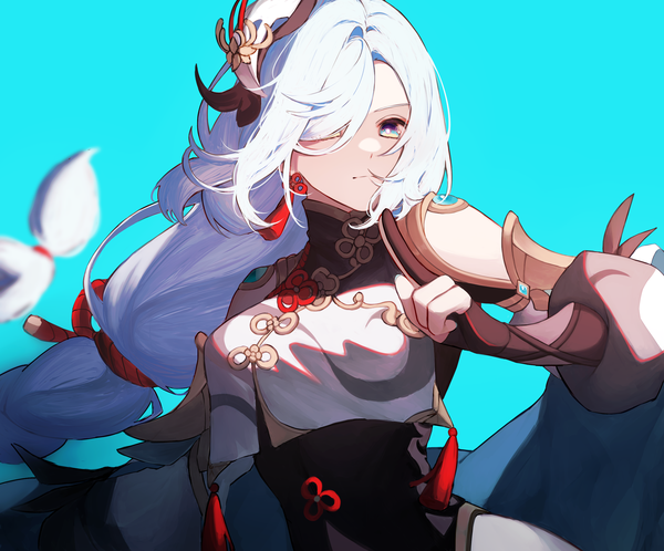 Anime picture 2620x2175 with genshin impact shenhe (genshin impact) shotgunman single long hair fringe highres simple background upper body white hair traditional clothes hair over one eye chinese clothes multicolored eyes aqua background girl earrings