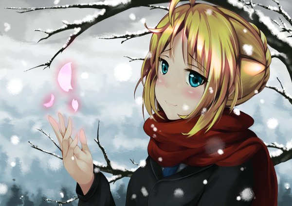 Anime picture 4960x3507 with fate (series) fate/stay night studio deen type-moon artoria pendragon (all) saber single blush highres short hair blue eyes blonde hair looking away absurdres snowing winter bare tree girl plant (plants) petals