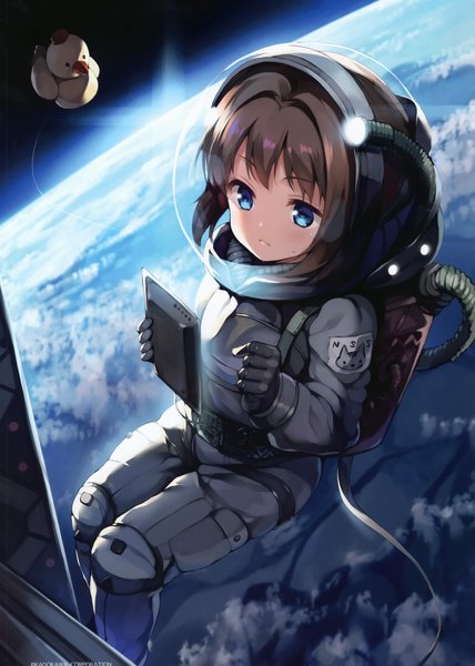 Anime picture 2426x3400 with original senji (tegone spike) single tall image blush fringe highres short hair blue eyes brown hair holding looking away scan sweatdrop space weightlessness girl helmet planet earth
