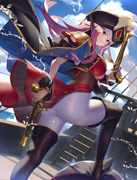 Anime-Bild 3428x4507 mit fate (series) fate/grand order fate/extra francis drake (fate) scottie (phantom2) single long hair tall image looking at viewer blush highres breasts blue eyes light erotic smile holding absurdres sky cloud (clouds) outdoors