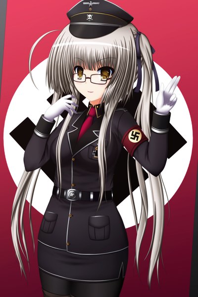 Anime picture 3000x4500 with original toyokawa itsuki (p mayuhime) single long hair tall image blush highres yellow eyes silver hair light smile girl gloves uniform glasses headdress military uniform