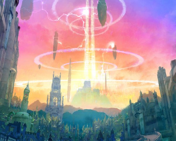 Anime picture 2000x1600 with aion highres sky city cityscape scenic lightning floating island island