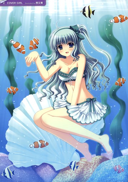 Anime picture 1963x2789 with nishimata aoi single long hair tall image looking at viewer blush highres open mouth blue eyes blue hair scan official art underwater girl swimsuit animal bikini fish (fishes) bikini skirt