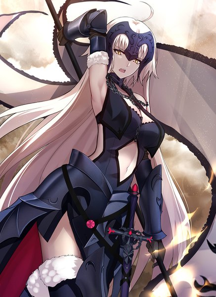 Anime picture 992x1360 with fate (series) fate/grand order jeanne d'arc (fate) (all) jeanne d'arc alter (fate) jeanne d'arc alter (avenger) (third ascension) (fate) shiguru single tall image looking at viewer fringe breasts open mouth standing bare shoulders holding yellow eyes cloud (clouds) ahoge white hair very long hair