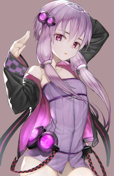 Anime picture 2653x4092 with vocaloid voiceroid yuzuki yukari nyatabe single long hair tall image looking at viewer fringe highres light erotic simple background purple eyes twintails purple hair grey background open jacket low twintails arm behind head girl