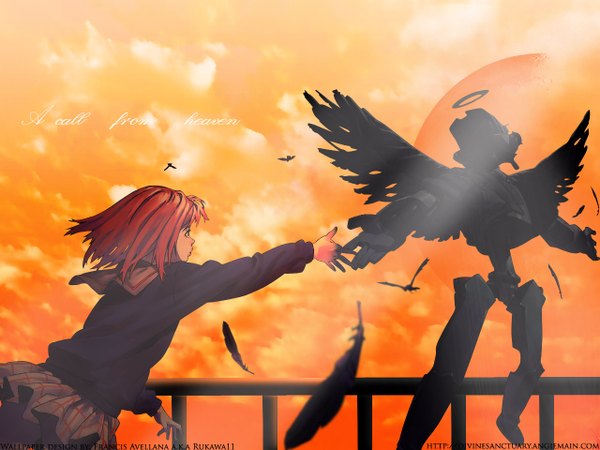 Anime picture 1280x960 with flcl gainax samejima mamimi canti sky cloud (clouds) red hair from behind back holding hands evening sunset flying girl uniform school uniform wings serafuku feather (feathers) halo