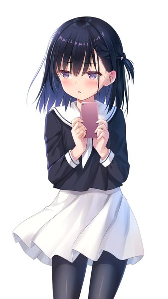 Anime picture 1280x2281 with original na-ga single tall image looking at viewer blush fringe short hair black hair simple background hair between eyes white background purple eyes long sleeves parted lips wind embarrassed one side up girl skirt
