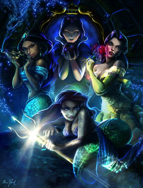 Anime picture 780x1024 with the little mermaid snow white and the seven dwarfs aladdin beauty and the beast arabian night disney snow white ariel jasmine belle (beauty and the beast) darrilasylum (artist) long hair tall image short hair black hair bare shoulders multiple girls holding signed lips