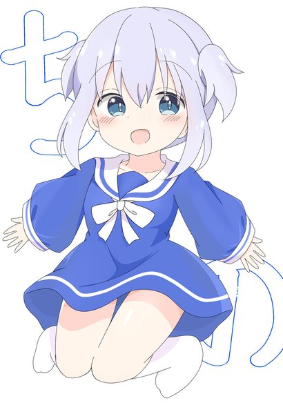 Anime picture 1401x2048 with gochuumon wa usagi desu ka? white fox kafuu chino k12040707 single tall image looking at viewer blush short hair open mouth blue eyes simple background smile white background payot silver hair full body long sleeves :d loli