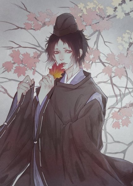 Anime picture 643x900 with bungou stray dogs studio bones akutagawa ryuunosuke (bungou stray dogs) saito yukihiro single tall image looking at viewer short hair open mouth black hair standing holding traditional clothes japanese clothes multicolored hair grey background wide sleeves two-tone hair grey eyes alternate costume