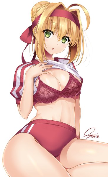 Anime picture 732x1200 with fate (series) fate/grand order nero claudius (fate) (all) nero claudius (fate) ishigami kazui single tall image looking at viewer blush fringe short hair breasts open mouth light erotic simple background blonde hair hair between eyes white background sitting green eyes