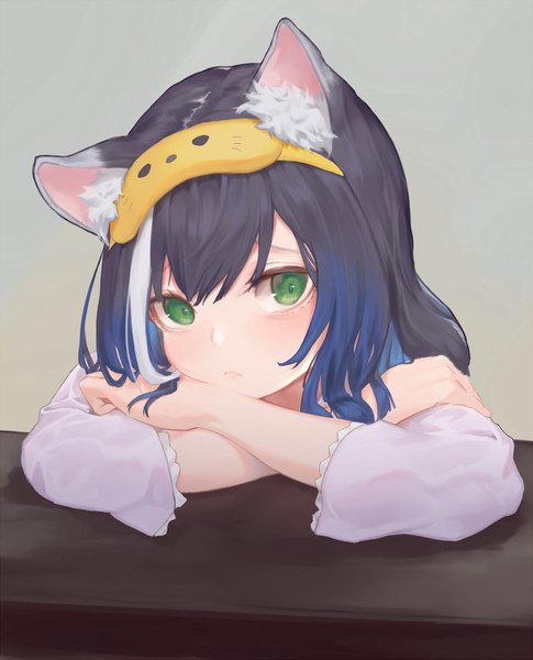 Anime picture 1200x1485 with princess connect! re:dive princess connect! karyl (princess connect!) shou xun bu liang single long hair tall image looking at viewer fringe black hair simple background green eyes animal ears multicolored hair cat ears grey background streaked hair crossed arms girl sleep mask