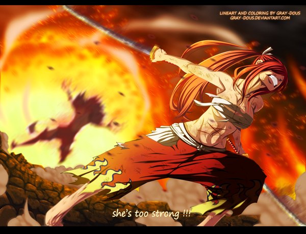 Anime picture 2837x2174 with fairy tail erza scarlet gray-dous long hair highres breasts light erotic large breasts holding ponytail red hair barefoot inscription bare belly armpit (armpits) grin coloring torn clothes dual wielding angry