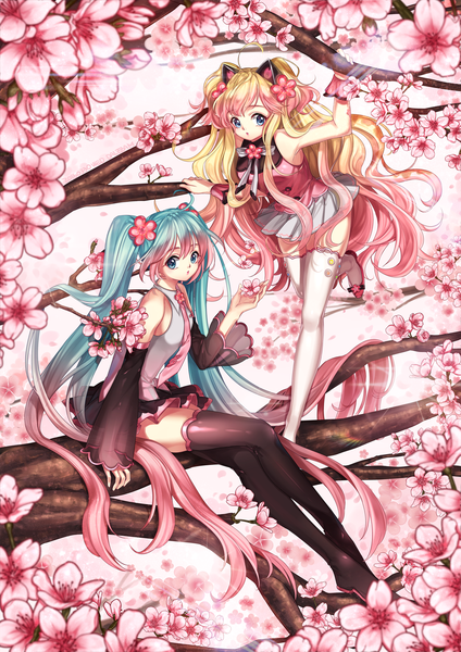 Anime picture 1240x1754 with vocaloid hatsune miku seeu dalzzam long hair tall image looking at viewer fringe blue eyes blonde hair hair between eyes standing sitting twintails multiple girls pink hair full body very long hair multicolored hair aqua hair