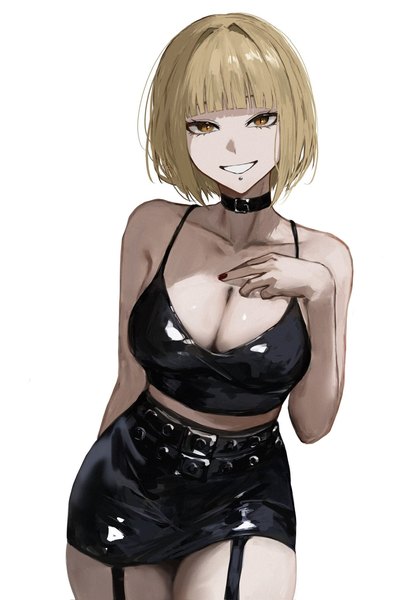 Anime picture 1414x2048 with original raberu ruru single tall image looking at viewer fringe short hair breasts light erotic simple background blonde hair smile large breasts standing white background bare shoulders yellow eyes nail polish grin piercing