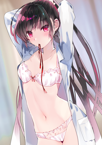 Anime picture 2893x4092 with original tomozero single tall image looking at viewer blush fringe highres light erotic black hair red eyes standing holding ahoge ponytail indoors blunt bangs very long hair blurry open shirt
