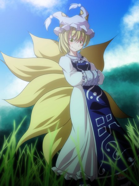 Anime picture 1200x1600 with touhou yakumo ran s-syogo single tall image short hair blonde hair smile yellow eyes fox ears fox tail fox girl hands in sleeves girl
