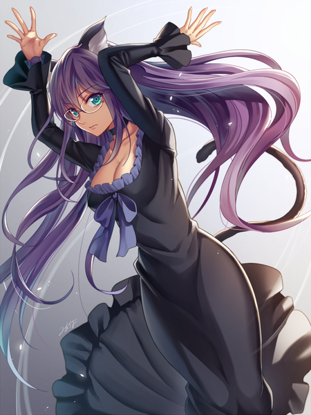 Anime picture 660x880 with original milcho single long hair tall image looking at viewer blue eyes animal ears cleavage purple hair tail animal tail cat ears cat girl cat tail girl dress glasses
