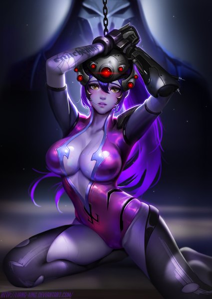 Anime picture 6000x8473 with overwatch blizzard entertainment widowmaker (overwatch) reaper (overwatch) liang xing long hair tall image looking at viewer blush fringe highres breasts light erotic hair between eyes large breasts signed yellow eyes absurdres cleavage purple hair