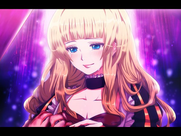Anime picture 1024x768 with umineko no naku koro ni beatrice uka (color noise) long hair blush breasts blue eyes blonde hair cleavage lipstick tears letterboxed close-up alternate hairstyle collar