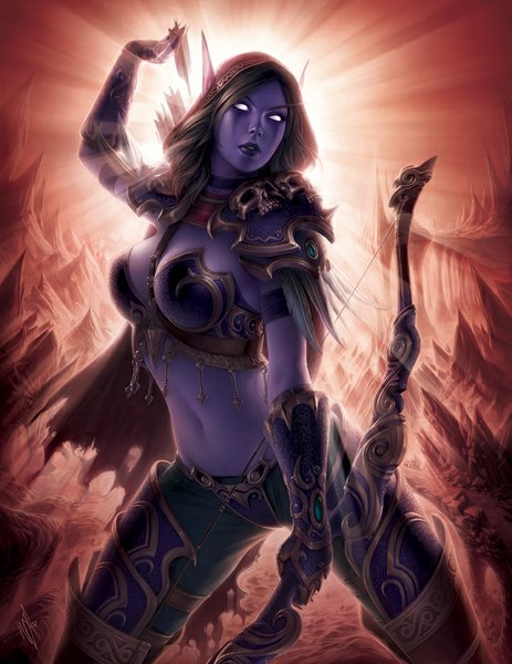 Anime picture 720x932 with world of warcraft blizzard entertainment sylvanas windrunner warrenlouw single tall image short hair breasts light erotic looking away lips pointy ears elf purple skin blank eyes girl gloves navel weapon hood