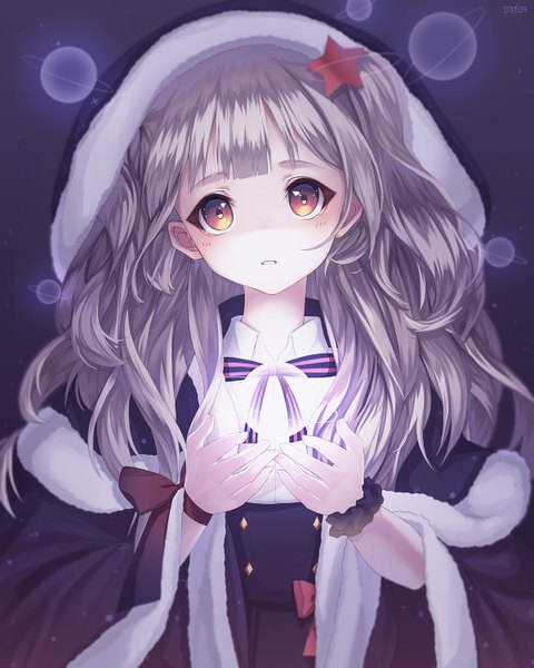 Anime picture 1200x1500 with original inosia single long hair tall image looking at viewer blush fringe simple background standing brown eyes signed silver hair parted lips fur trim purple background girl dress hair ornament star (symbol)