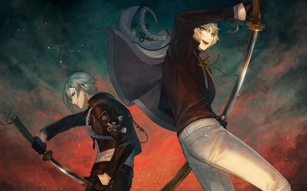 Anime picture 1000x623 with touken ranbu nitroplus higekiri (touken ranbu) hizamaru (touken ranbu) mizumiyakoshin short hair open mouth blonde hair wide image looking away outdoors profile aqua hair multiple boys unsheathing boy gloves weapon sword black gloves