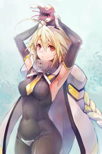 Anime picture 1124x1700 with blazblue lambda-11 taishi (picchiridou) single long hair tall image looking at viewer breasts light erotic blonde hair red eyes holding ahoge braid (braids) arms up single braid covered navel girl gloves cape
