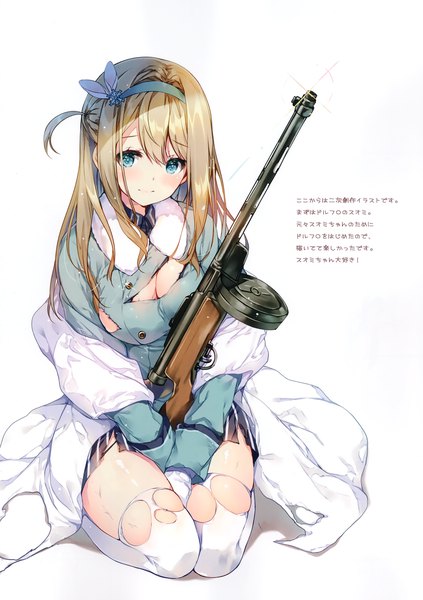 Anime picture 2082x2954 with girls frontline suomi kp31 (girls frontline) miwabe sakura single long hair tall image looking at viewer blush fringe highres breasts blue eyes light erotic blonde hair simple background smile hair between eyes white background sitting payot