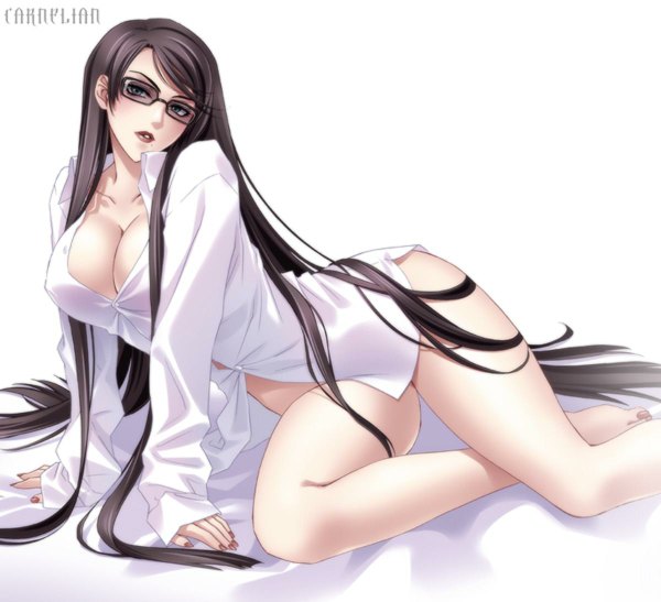 Anime picture 1200x1094 with bayonetta tagme (artist) single long hair breasts blue eyes light erotic black hair simple background large breasts white background barefoot inscription naked shirt girl shirt glasses