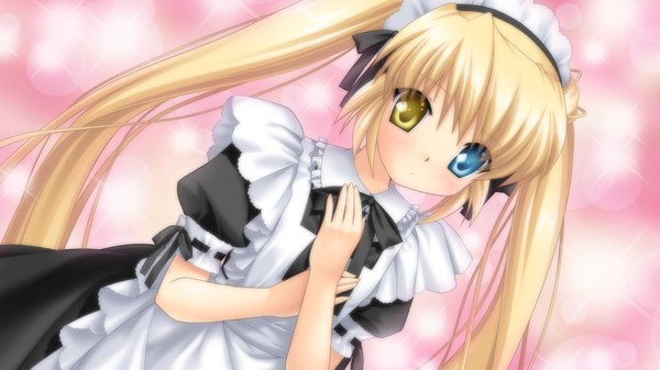 Anime picture 1280x720 with rewrite nakatsu shizuru long hair blonde hair wide image twintails game cg maid loli heterochromia girl