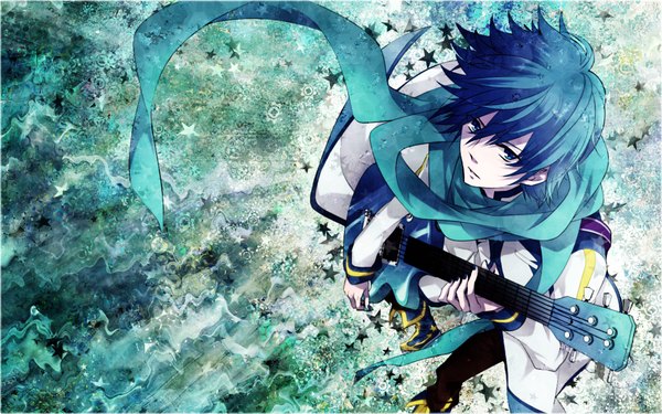 Anime picture 1280x800 with vocaloid kaito (vocaloid) umi-no-mizu single looking at viewer short hair blue eyes wide image blue hair nail polish from above boy scarf star (symbol) guitar