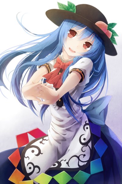 Anime picture 800x1200 with touhou hinanawi tenshi nunucco single long hair tall image looking at viewer open mouth simple background red eyes white background blue hair girl dress hat fruit peach