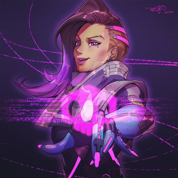Anime picture 800x799 with overwatch blizzard entertainment sombra (overwatch) artipelago single long hair looking at viewer blush open mouth simple background brown hair purple eyes signed upper body realistic mole mole under eye lipstick gradient hair eyeshadow