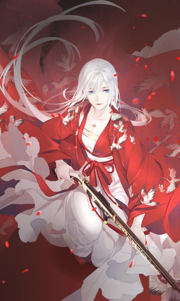 Anime-Bild 1240x2066 mit original juni gen single long hair tall image looking at viewer fringe blue eyes hair between eyes holding white hair traditional clothes from above light smile wide sleeves tattoo kneeling chinese clothes animal print bird print