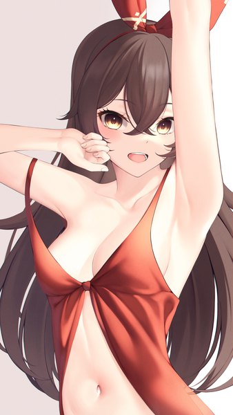 Anime picture 1612x2865 with genshin impact amber (genshin impact) shirafuji ene single long hair tall image looking at viewer blush fringe breasts open mouth light erotic simple background smile hair between eyes brown hair brown eyes upper body :d arms up