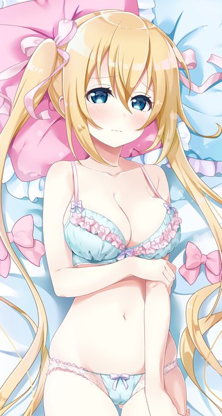 Anime picture 2185x4096 with blend s a-1 pictures hinata kaho neki (wakiko) single long hair tall image blush fringe highres breasts blue eyes light erotic blonde hair hair between eyes large breasts twintails payot cleavage lying