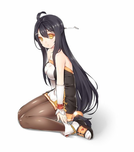 Anime picture 921x1038 with elsword kuro (kuronell) single long hair tall image looking at viewer fringe black hair simple background hair between eyes white background bare shoulders yellow eyes ahoge half updo girl dress detached sleeves pantyhose shoes
