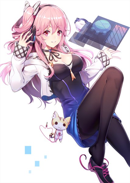 Anime picture 854x1200 with original emily stock ririko (zhuoyandesailaer) single long hair tall image looking at viewer fringe breasts simple background smile hair between eyes white background pink hair cleavage pink eyes one side up hand on headphones girl dress