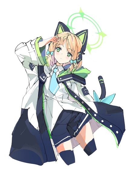 Anime picture 2894x4093 with blue archive midori (blue archive) chamu (chammkue) single tall image highres short hair simple background blonde hair white background green eyes looking away tail open jacket adjusting hair girl thighhighs uniform bow black thighhighs