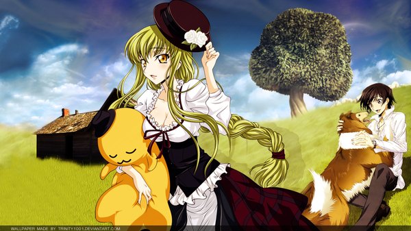 Anime picture 1920x1080 with code geass sunrise (studio) c.c. lelouch lamperouge highres wide image girl boy animal dog