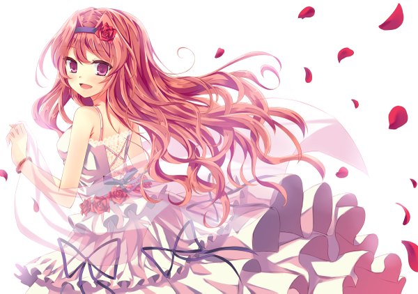 Anime picture 1200x845 with peach88 long hair simple background white background red hair pink eyes hair flower wavy hair girl dress hair ornament petals hairband