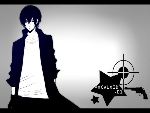 Anime picture 1300x975 with vocaloid kaito (vocaloid) hatsune mikuo moco 315 single looking at viewer short hair blue eyes black hair simple background standing grey background pale skin framed boy gloves star (symbol) cloak t-shirt pistol
