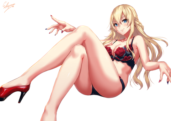 Anime picture 1697x1200 with kantai collection warspite (kantai collection) sakiyamama single long hair looking at viewer blush fringe breasts blue eyes light erotic simple background blonde hair hair between eyes large breasts white background bare shoulders signed payot bent knee (knees)
