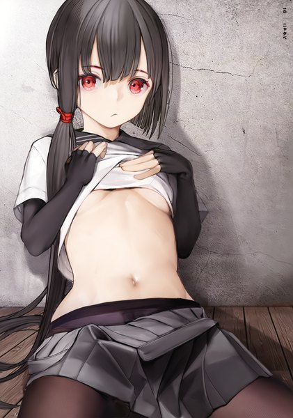 Anime picture 2528x3600 with original nyatabe single long hair tall image looking at viewer fringe highres breasts light erotic black hair red eyes sitting indoors pleated skirt scan floor shirt lift against wall open skirt