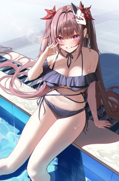 Anime picture 790x1203 with honkai: star rail honkai (series) sparkle (honkai: star rail) melt (melt out1) single tall image looking at viewer fringe breasts light erotic smile brown hair large breasts sitting twintails very long hair pink eyes from above grin soaking feet