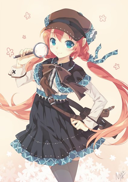 Anime picture 700x990 with original nyanya single long hair tall image looking at viewer blush fringe blue eyes simple background smile standing twintails red hair braid (braids) long sleeves hand on hip twin braids girl thighhighs