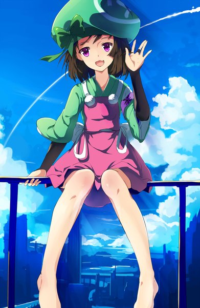 Anime picture 1500x2300 with original baisi shaonian single tall image looking at viewer short hair open mouth brown hair purple eyes cloud (clouds) girl dress bow hat